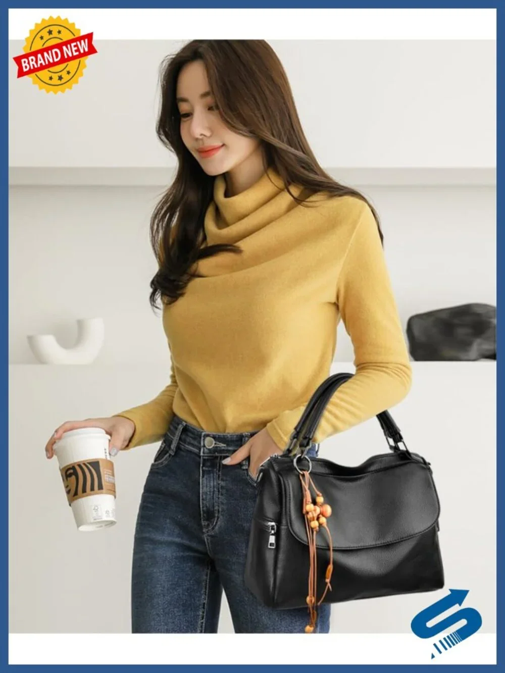 Vegan Leather Satchel Crossbody Handbag with Detachable Strap